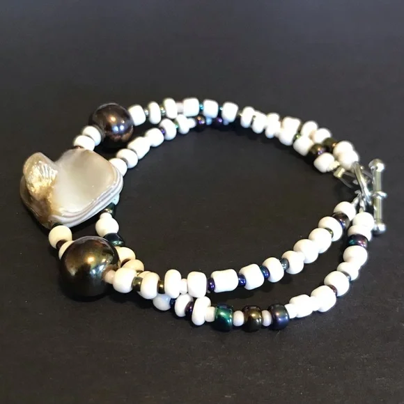 New Handmade Adult / Child Matching Bracelets, Beaded. Cream/Metallic Charcoal - Picture 6 of 10